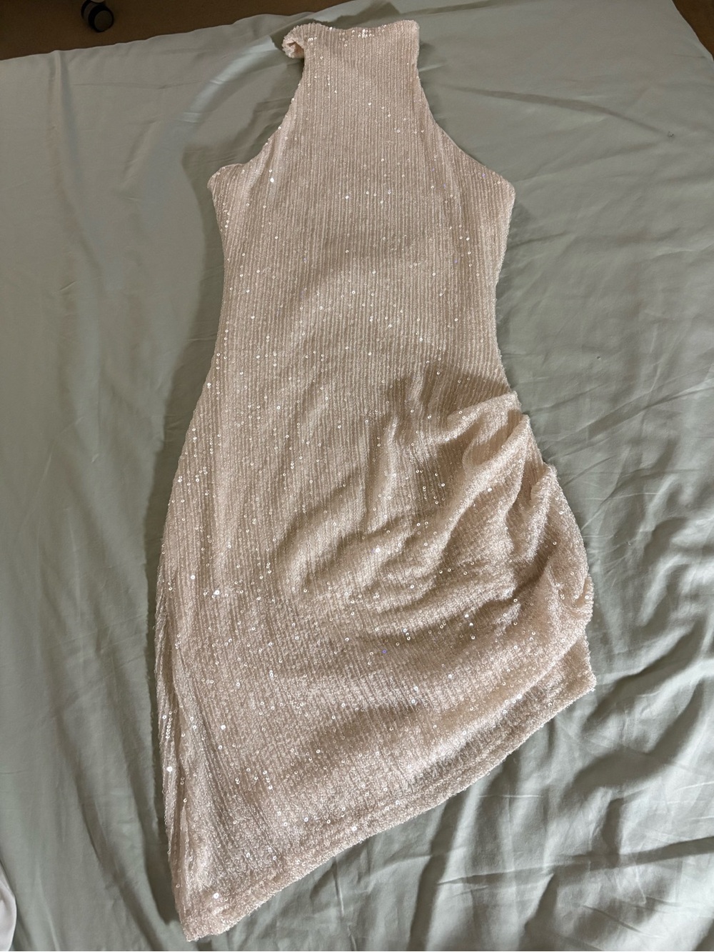Sleeveless Backless Sequin Halter Dress in Cream